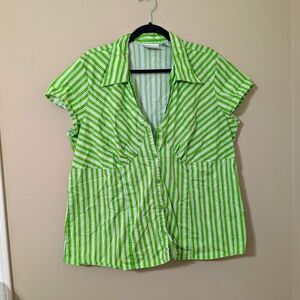 Jennifer Lauren Green & White Striped Collared Button Front Blouse Plus 2X